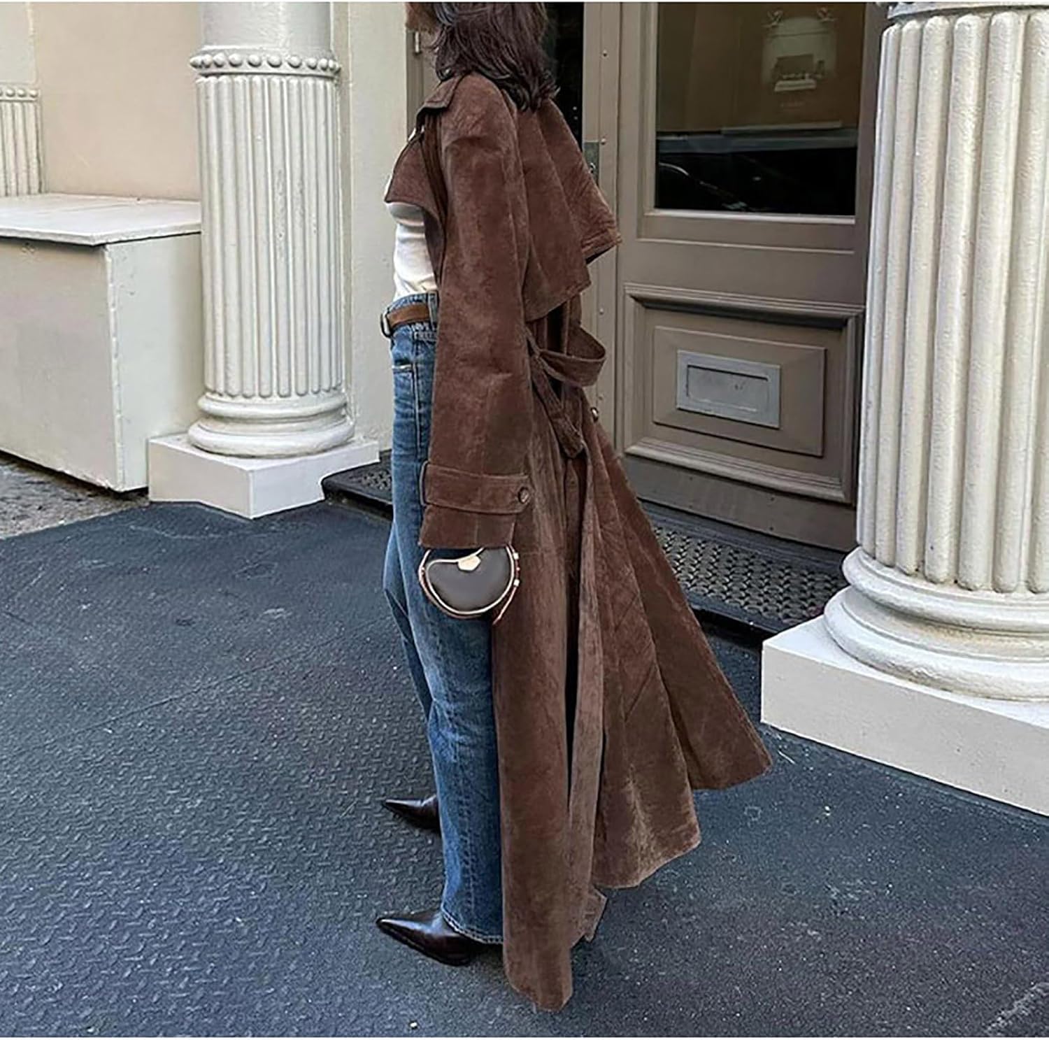 Women Faux Suede Long Trench Coat Notched Lapel Double Breasted Pea Coat Overcoat with Belt