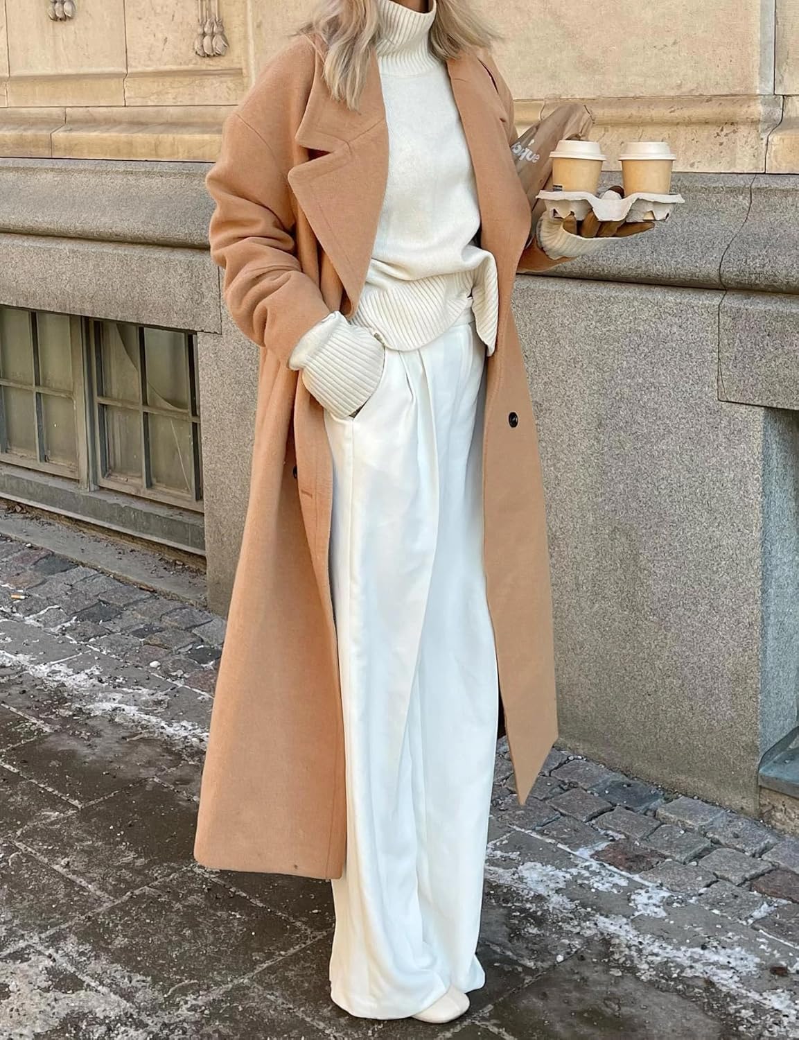 Womens Long Wool Coats Fall Winter Big Notch Lapel Oversized Peacoat Overcoat