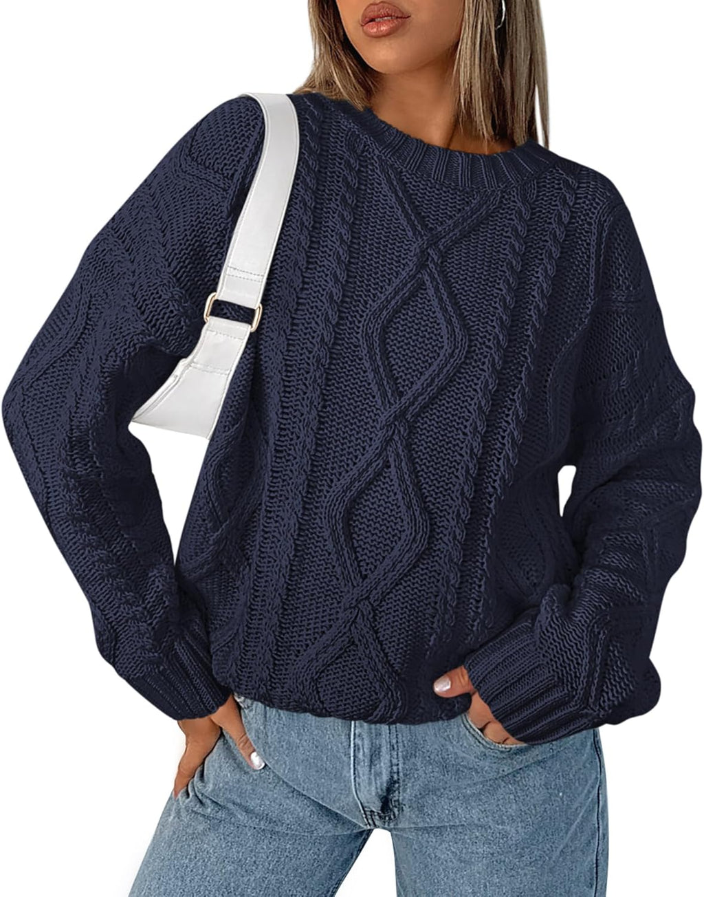 Casual Women Long Sleeve Sweater 2025 Fall Ribbed Knit Pullover Loose Crewneck Cable Sweater Jumper Tops