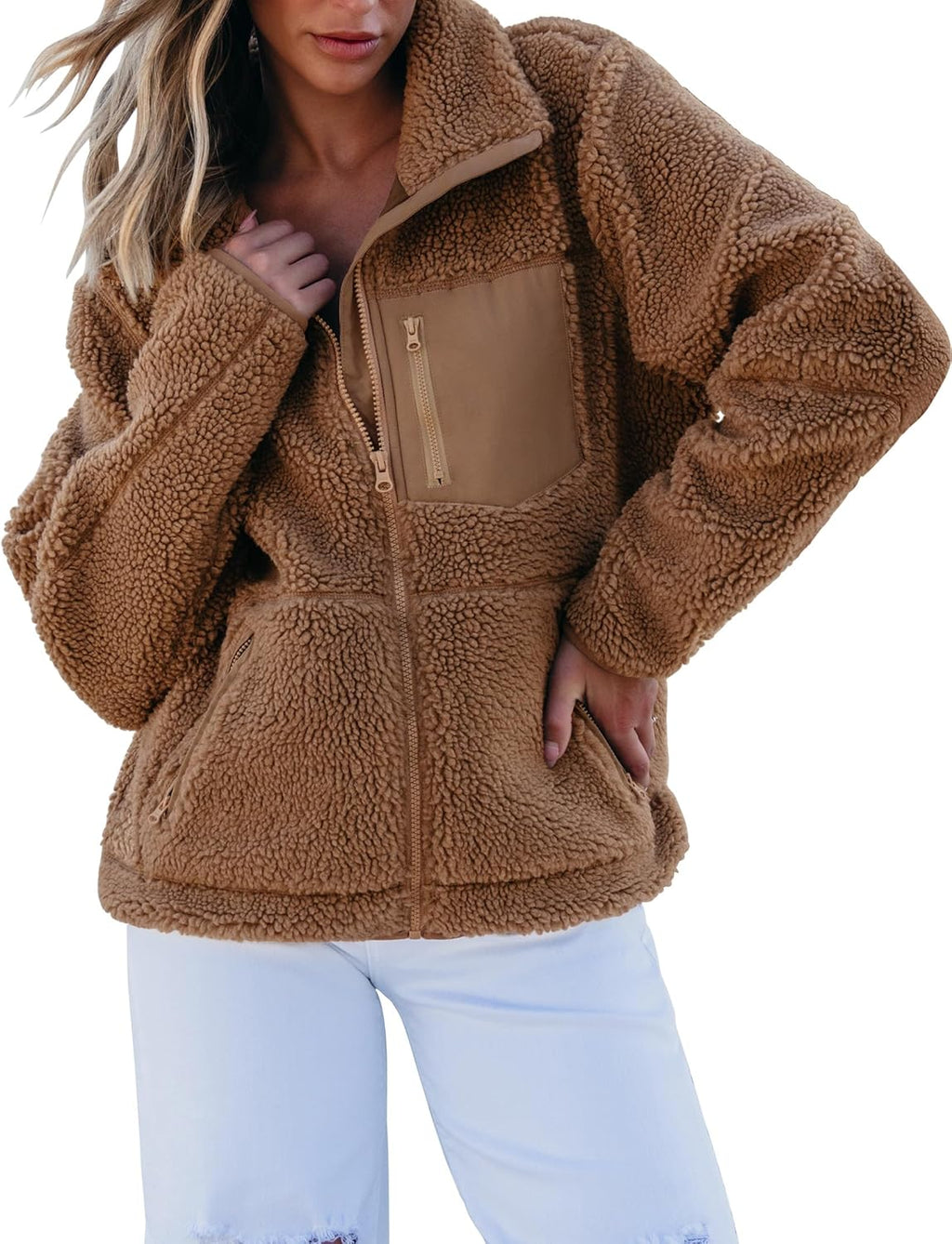 Sherpa Jackets for Women Trendy Zip Up Long Sleeve Winter Fall Casual Warm Fleece Coat Jackets with Pockets