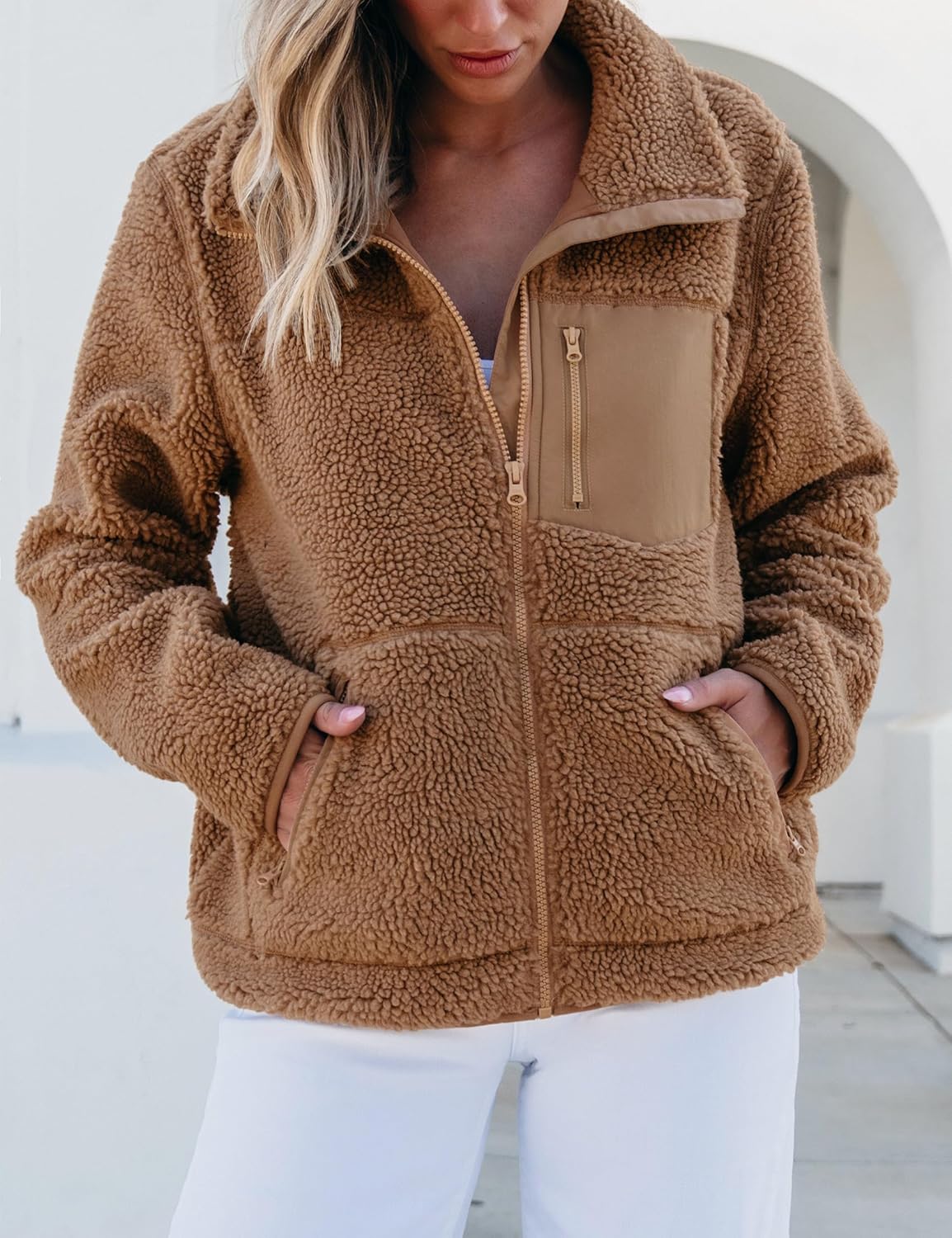 Sherpa Jackets for Women Trendy Zip Up Long Sleeve Winter Fall Casual Warm Fleece Coat Jackets with Pockets