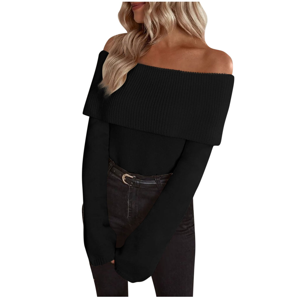 Women's off the Shoulder Sweaters Long Sleeve Foldover Slim Pullover Knit Tops Fall Winter Going out Outfits(Black,X-Large)