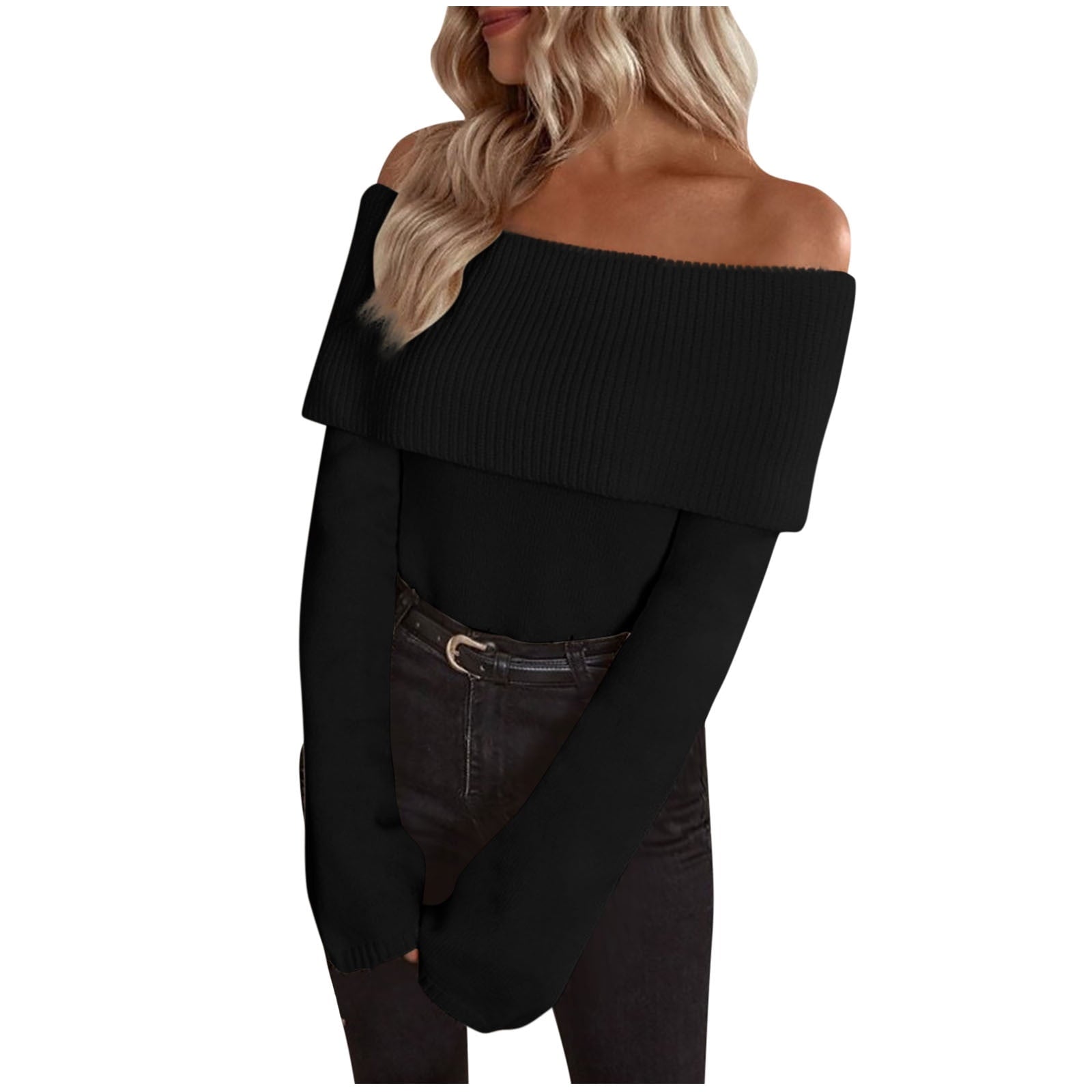 Women's off the Shoulder Sweaters Long Sleeve Foldover Slim Pullover Knit Tops Fall Winter Going out Outfits(Black,X-Large)