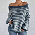 Womens Sweater Long Sleev Casual Loose Striped Off Shoulder Casual Oversized Knitted Sweater Pullovers