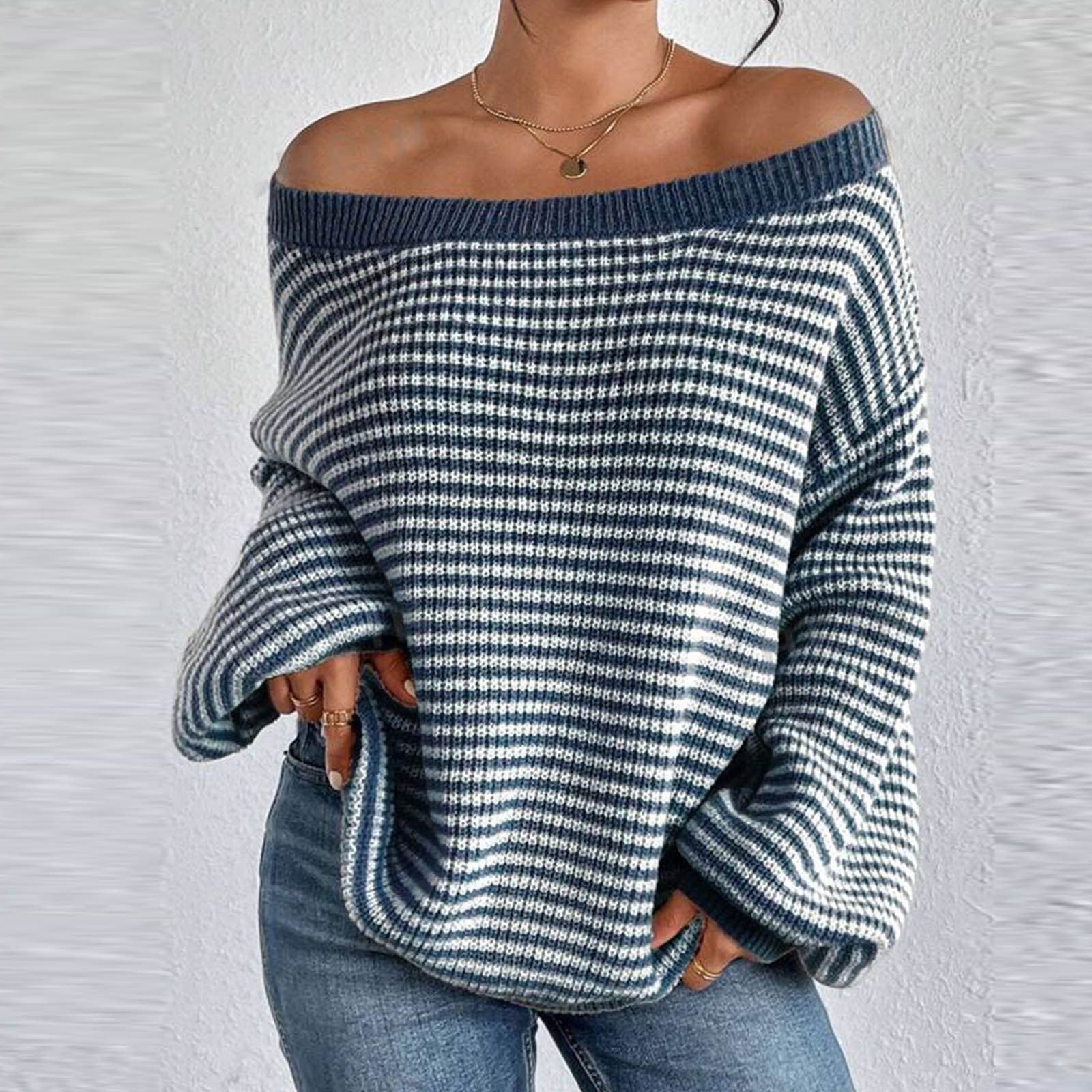 Womens Sweater Long Sleev Casual Loose Striped Off Shoulder Casual Oversized Knitted Sweater Pullovers