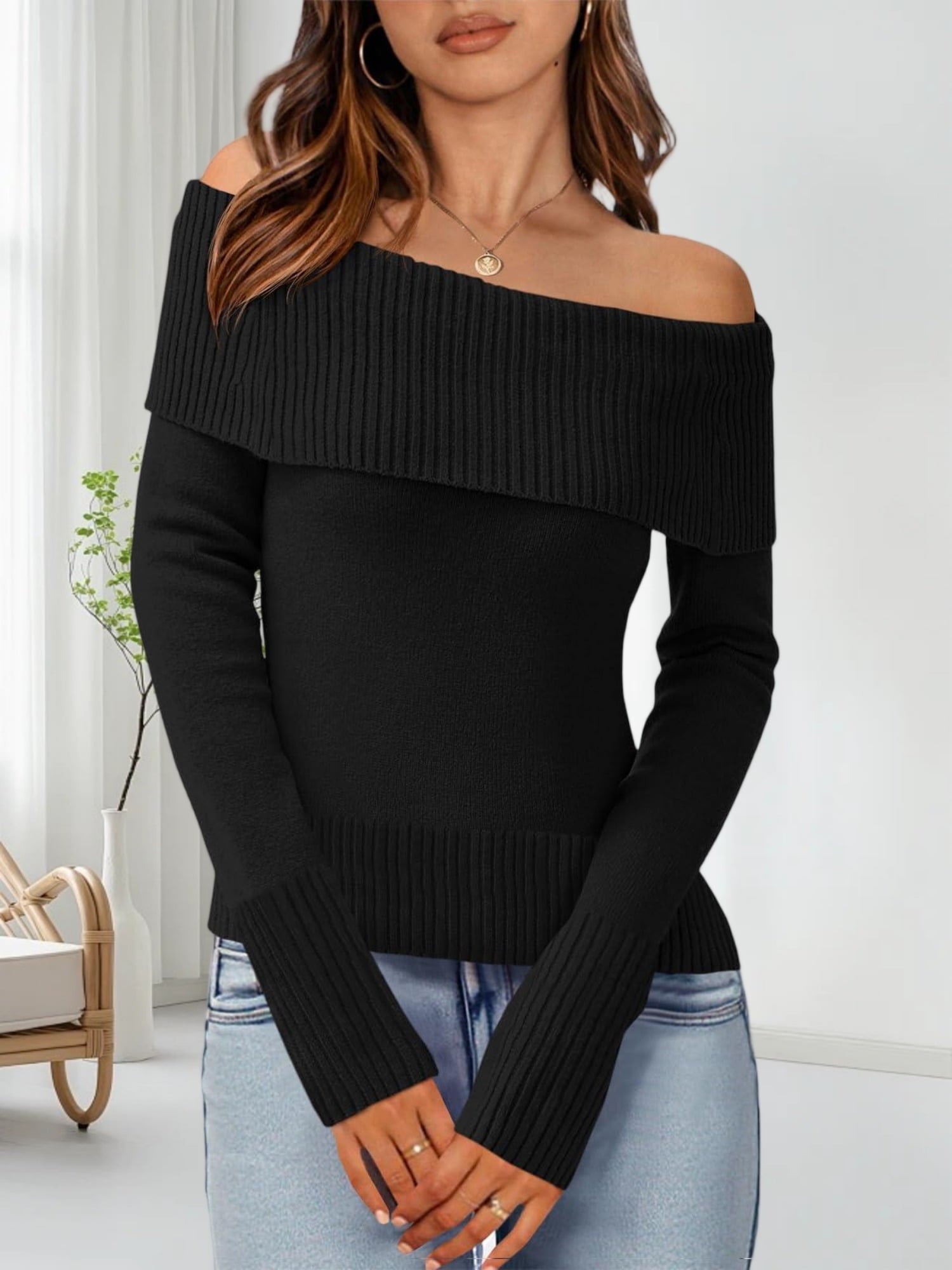 Womens Off The Shoulder Sweaters Casual Long Sleeve Ribbed Knit Slim Fit Y2K Going Out Pullover Tops