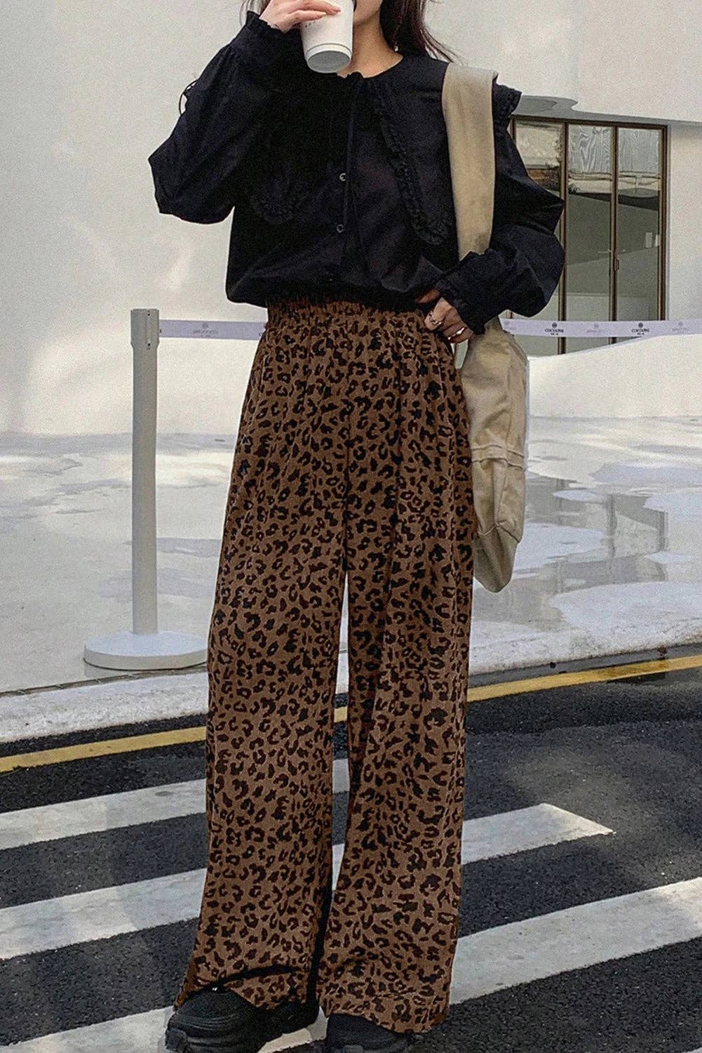 Dark Brown Leopard Print Elastic High Waist Loose Corduroy Pants